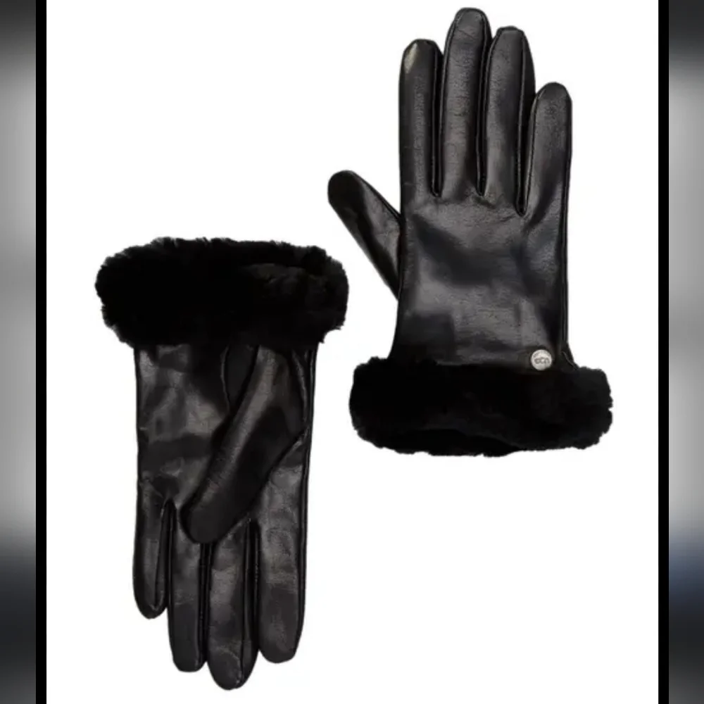 UGG Womens Shearling-Trim cuff Black leather Shorty Gloves Size Large